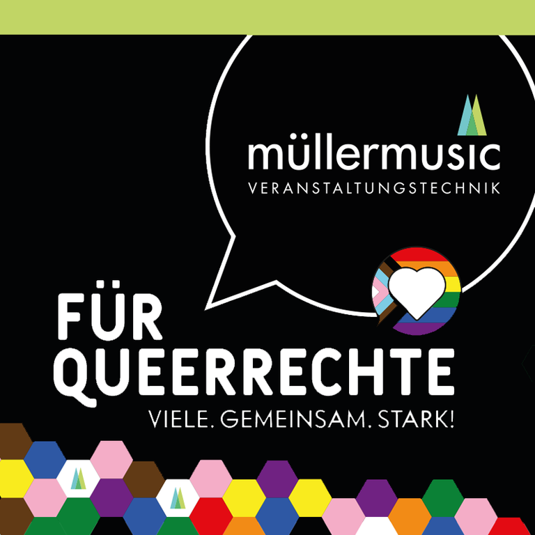 Ausschnitt des Banners am müllermusic-Truck bei der CSD-Parade Köln 2025 mit der Aufschrift: „Für Queerrechte. Viele Gemeinsam. Stark.“ – sichtbares Statement für Vielfalt und Gleichberechtigung.