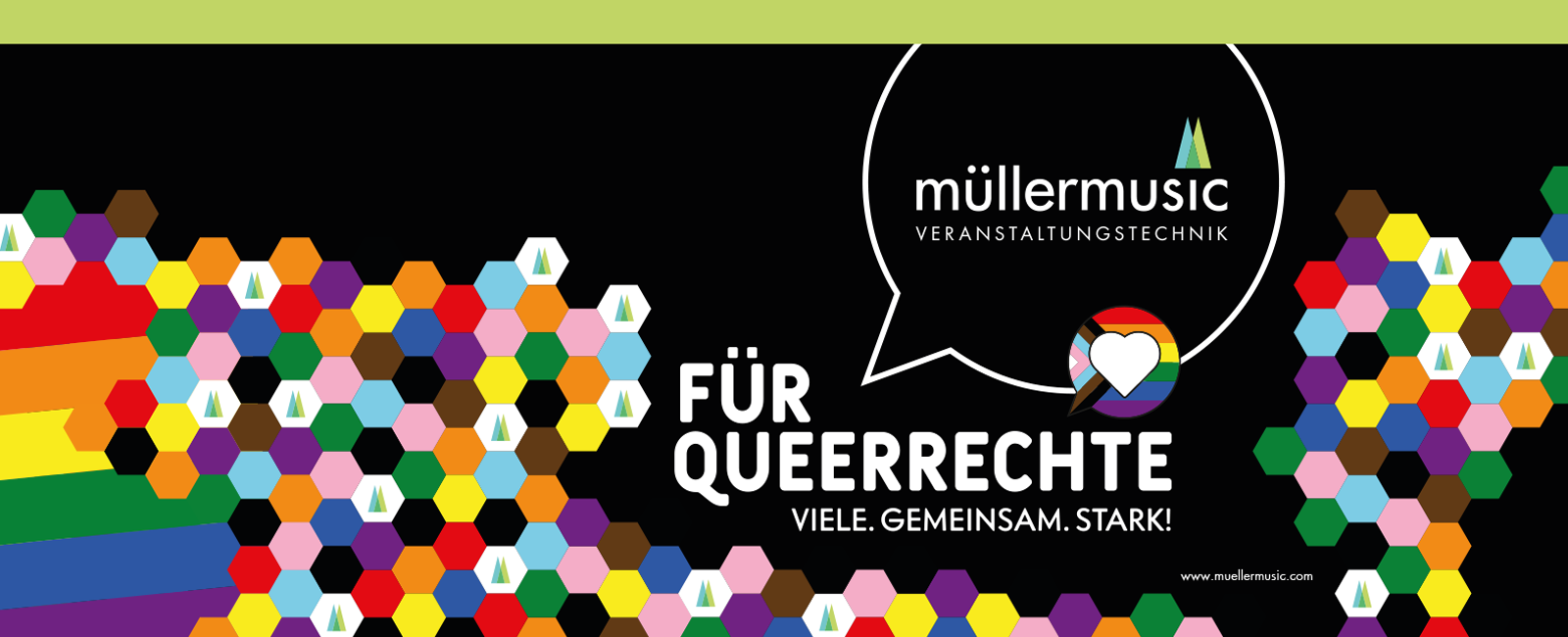Ausschnitt des Banners am müllermusic-Truck bei der CSD-Parade Köln 2025 mit der Aufschrift: „Für Queerrechte. Viele Gemeinsam. Stark.“ – sichtbares Statement für Vielfalt und Gleichberechtigung.