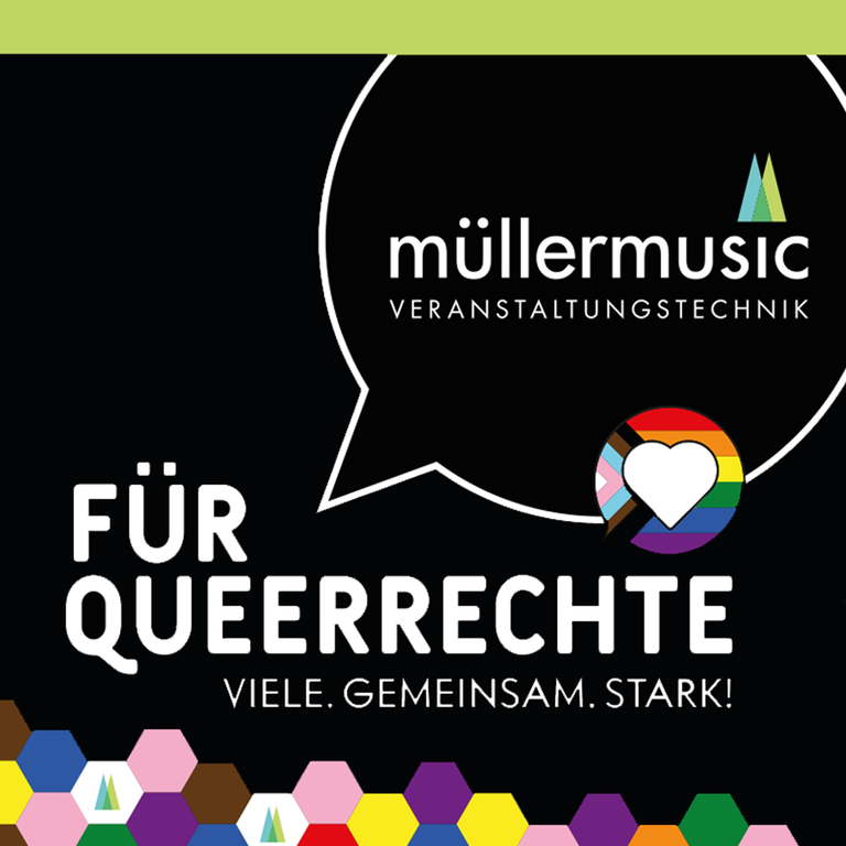 Ausschnitt des Banners am müllermusic-Truck bei der CSD-Parade Köln 2025 mit der Aufschrift: „Für Queerrechte. Viele Gemeinsam. Stark.“ – sichtbares Statement für Vielfalt und Gleichberechtigung.